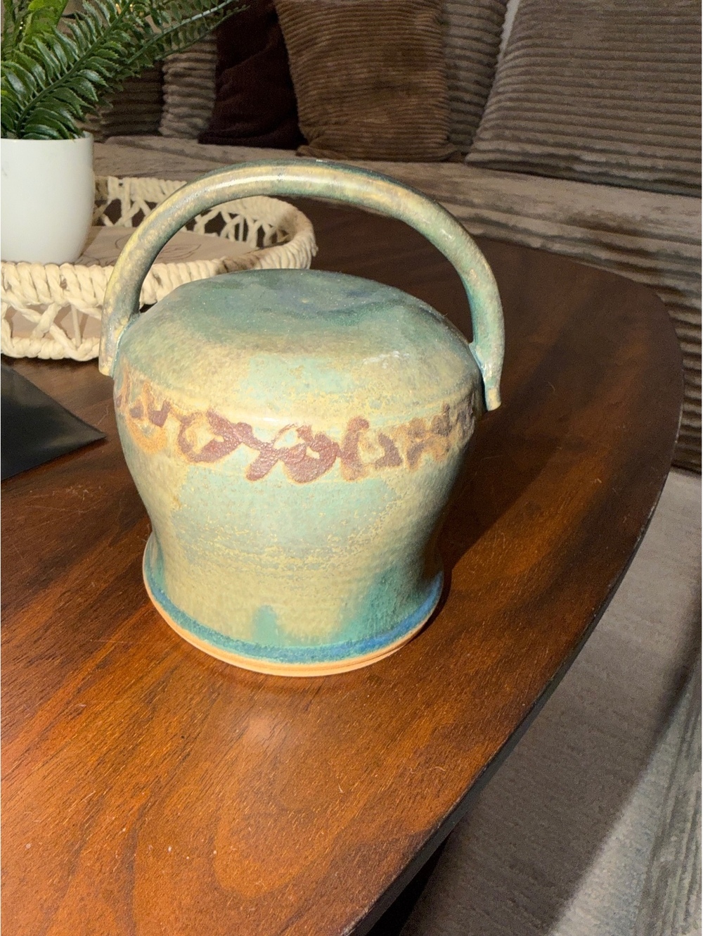 Handled Art Pottery Vase with Leaf Border